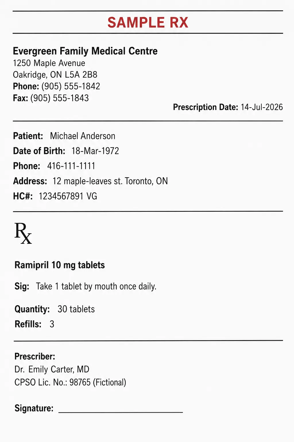 Sample Canadian prescription used for pharmacy assistant training